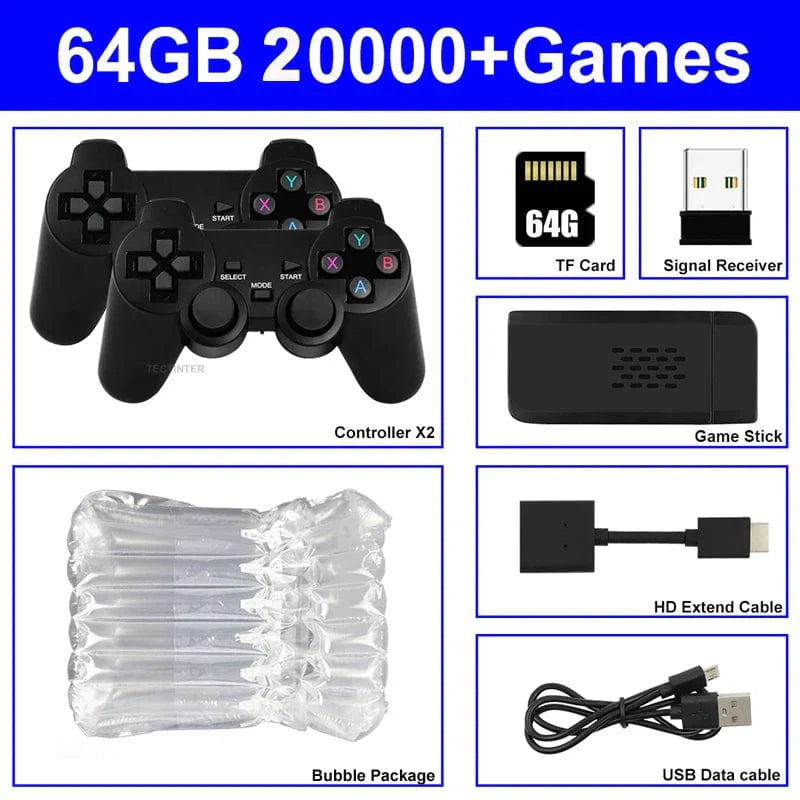 Yecktegj M8 Retro Video Game Console in black with wireless controller, 4K HD, 20,000 built-in games, handheld gaming device.