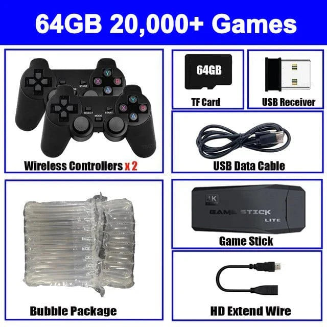 Yecktegj M8 Retro Video Game Console in black with wireless controller, 4K HD output, and 20,000 built-in classic games.