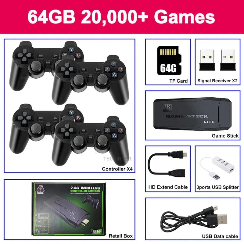 Yecktegj M8 Retro Video Game Console in black with wireless controller, 4K HD output and 20,000 built-in classic games.
