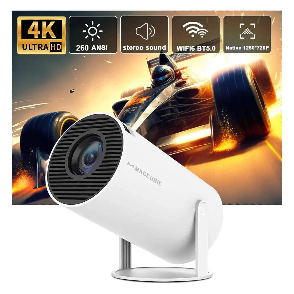 Magcubic HY300 PRO 4K Android 11 projector with dual WiFi6, 260 ANSI brightness, and 1080p to 720p resolution for home cinema.