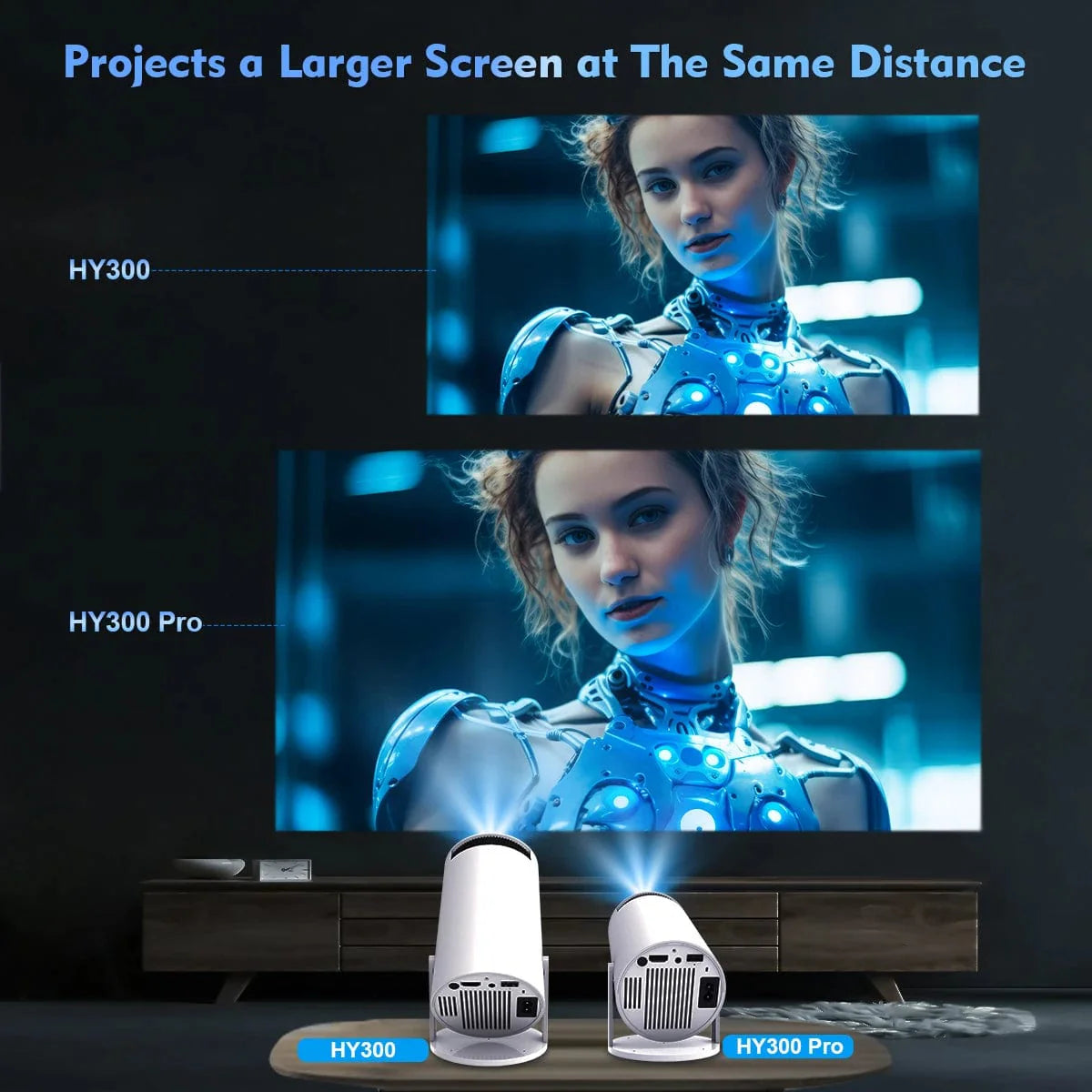 Magcubic HY300 PRO 4K Android 11 projector showing a home cinema setup with sharp 1080p image and dual WiFi6 connectivity.