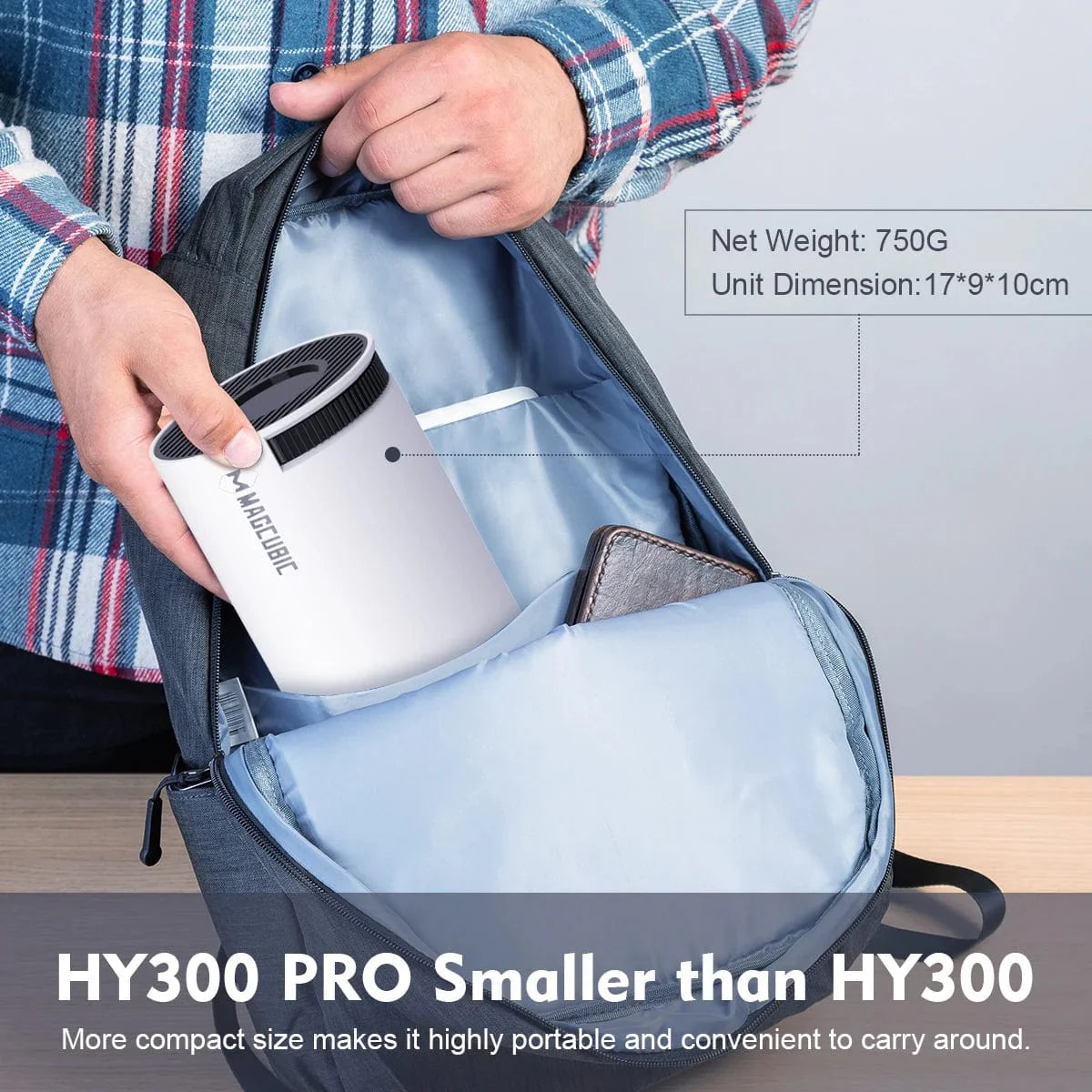 Magcubic HY300 PRO 4K Android 11 projector with dual WiFi6, 260 ANSI brightness, and home cinema setup showing projection on wall