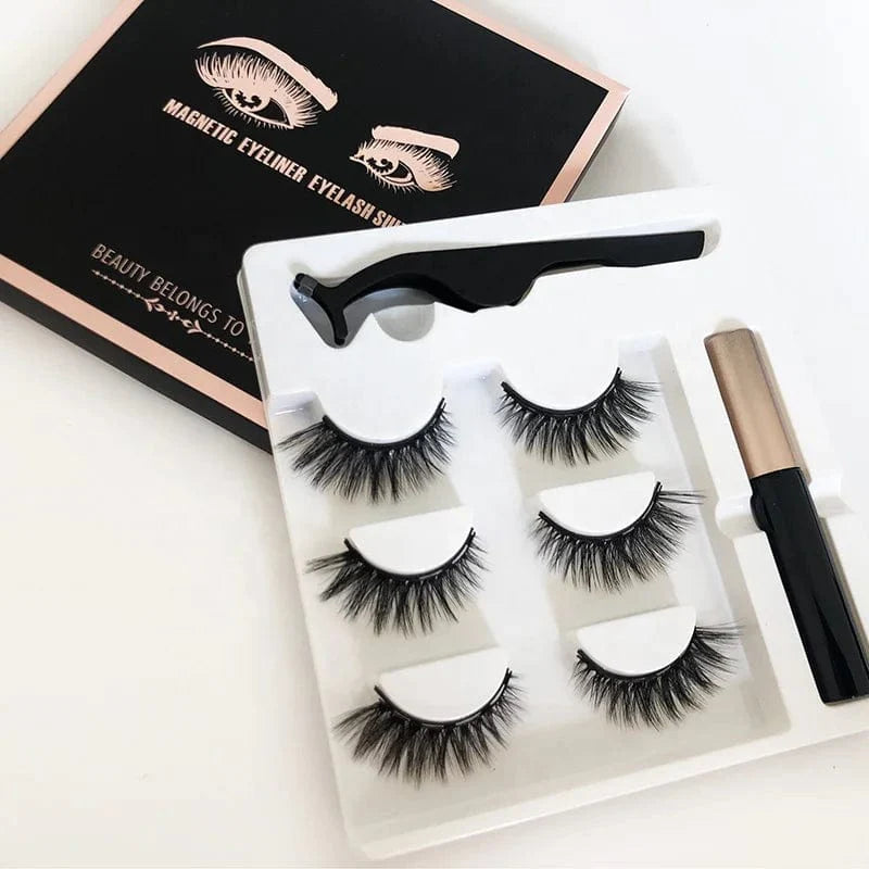 Lilian magnetic eyelash set with black eyeliner, includes 3 pairs of 3D silk false lashes for natural, easy-to-apply eye enhancement.