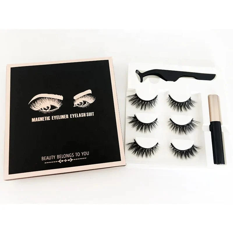 Lilian Magnetic Eyelashes and Eyeliner Set with 3 pairs of 3D silk false lashes and magnetic eyeliner for easy application.