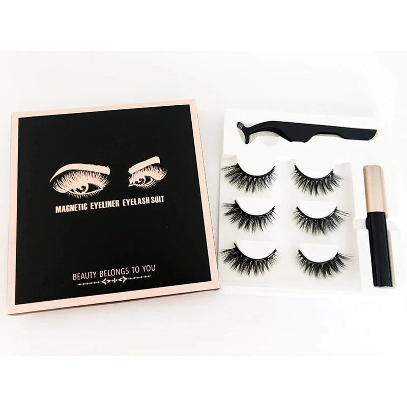 Lilian magnetic eyelash set with three pairs of 3D silk false lashes and magnetic eyeliner for easy, reusable eye enhancement.