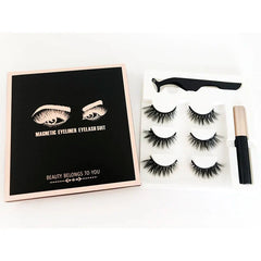 A magnetic eyelash kit featuring three pairs of lashes, an applicator tool, and liquid eyeliner.