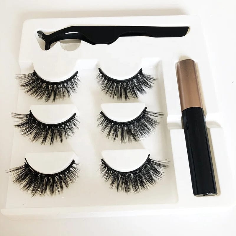 Lilian magnetic eyelash set with 3 pairs of 3D silk false eyelashes and eyeliner for easy magnetic application.