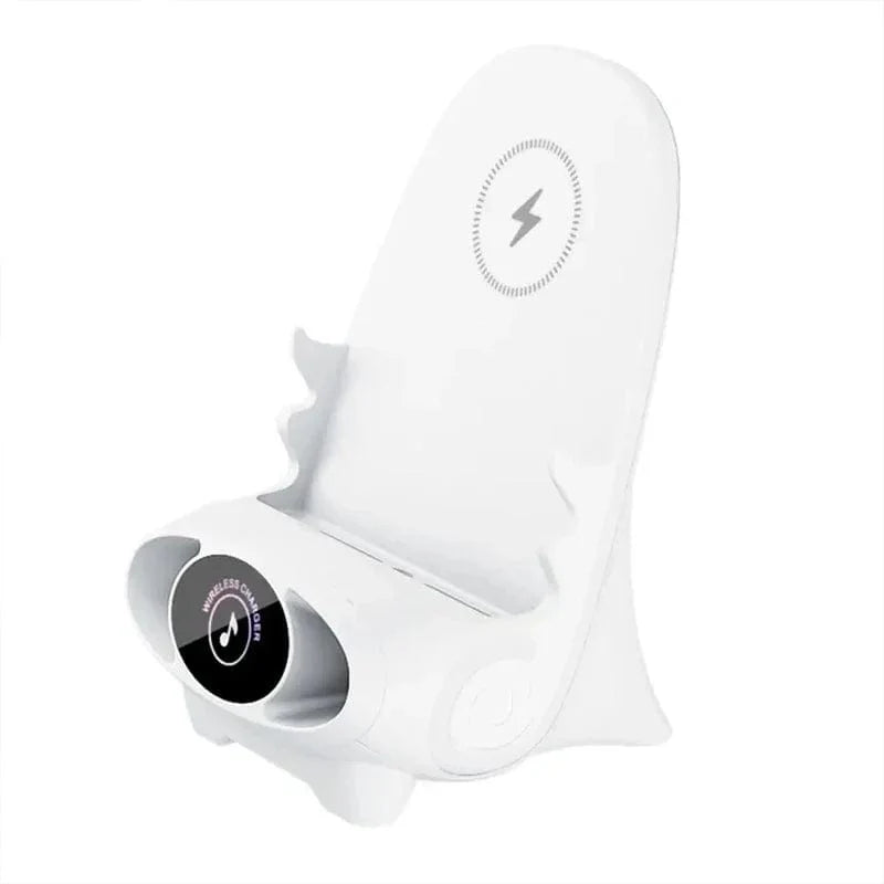 Magnetic wireless charger in mini chair shape, 15W fast charging stand for phones and tablets with Type-C connection.