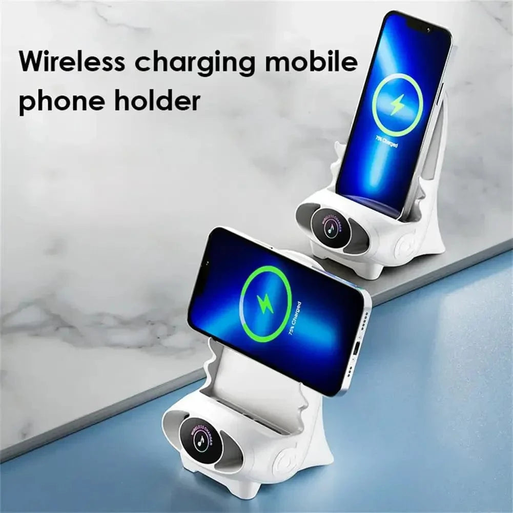 Magnetic wireless charger in mini chair shape, 15W fast charging stand for tablets and phones, designed for desktop use.