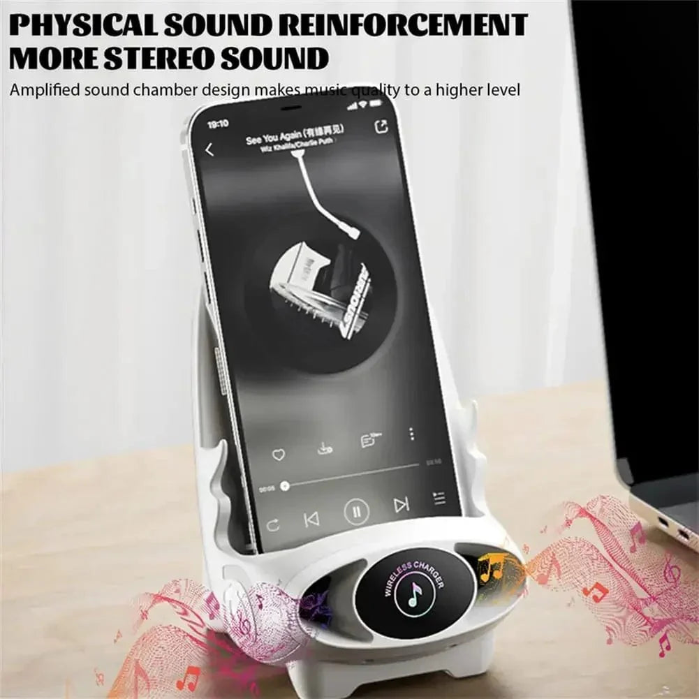 Magnetic wireless charger in mini chair shape for fast 15W charging of smartphones and tablets, desktop stand holder.