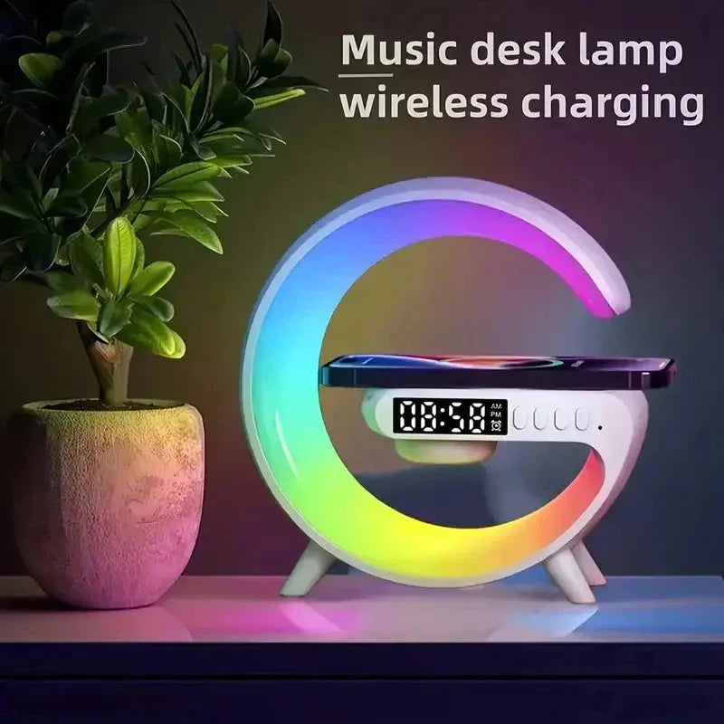 Opansten 15W wireless charging lamp with RGB Bluetooth speaker and alarm clock, featuring a sleek modern design with illuminated display.