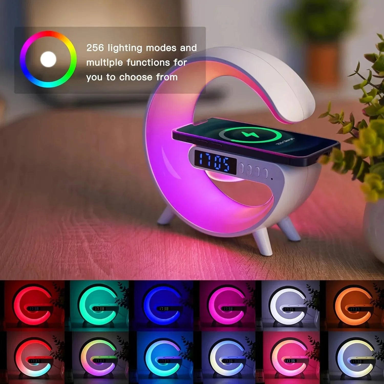 Opansten 15W wireless charging lamp with RGB Bluetooth speaker and alarm clock, featuring a sleek modern design and touch controls.