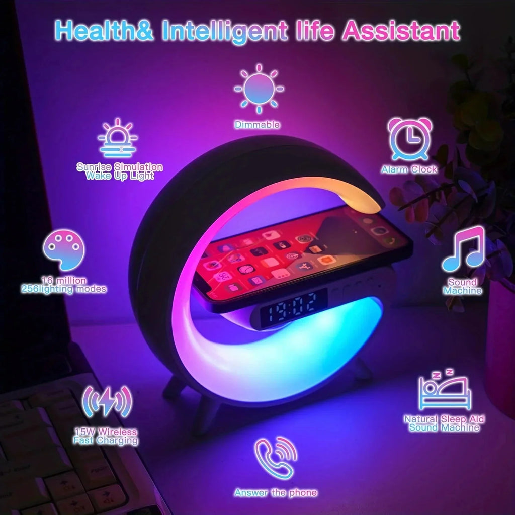 Opansten 15W wireless charging lamp with RGB Bluetooth speaker and alarm clock, featuring a modern design and digital display.
