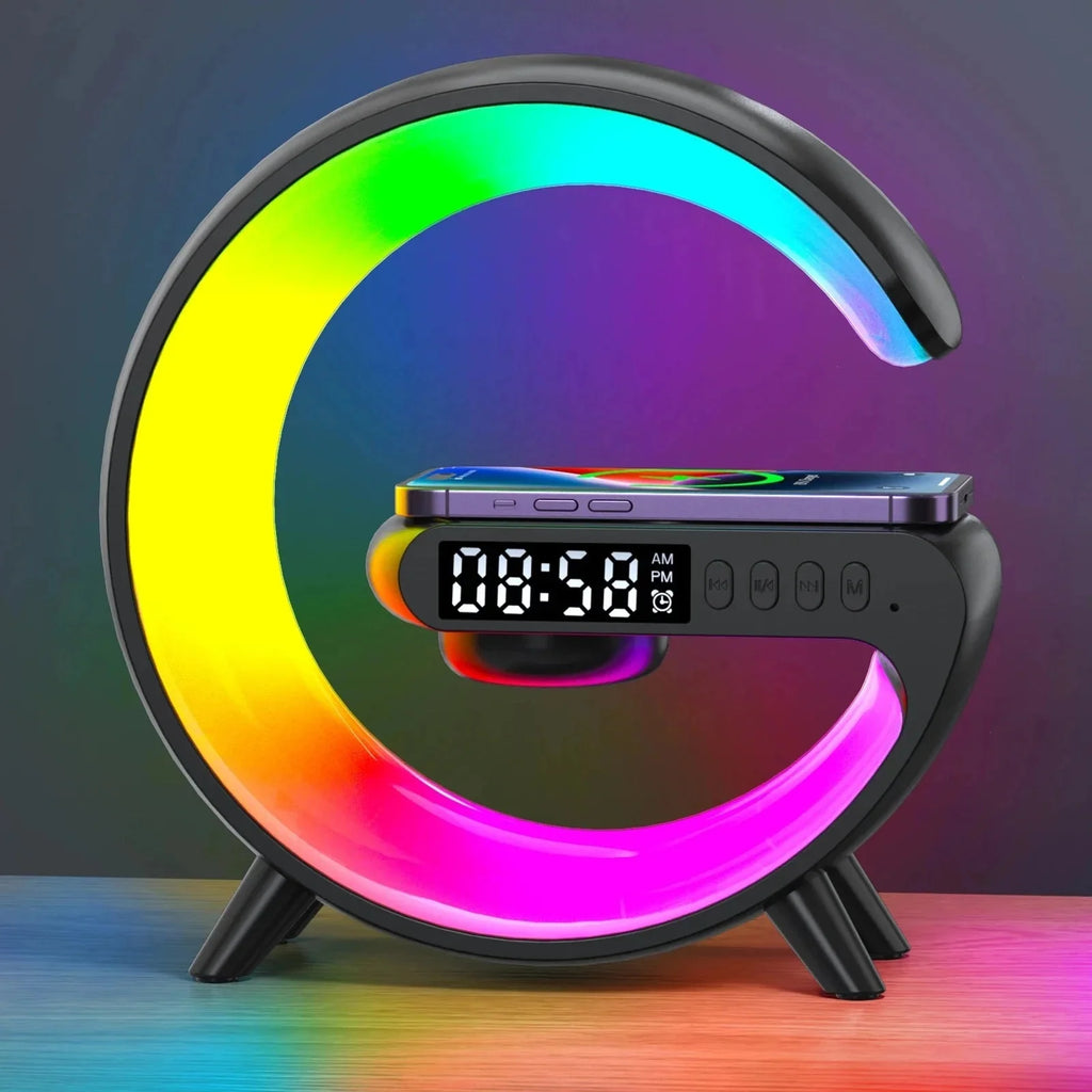 Opansten 15W wireless charging lamp with RGB Bluetooth speaker and alarm clock, featuring a sleek modern design and adjustable light.