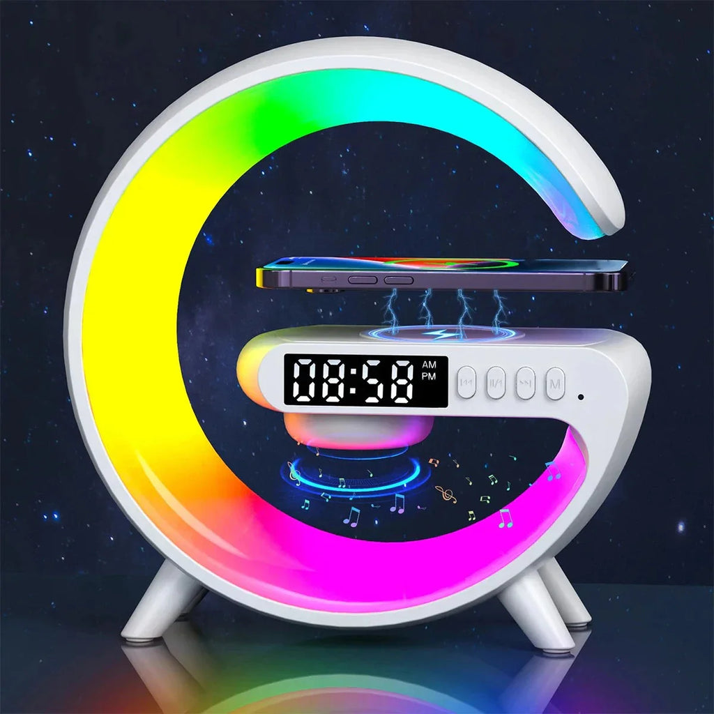 Opansten 15W wireless charging lamp with RGB Bluetooth speaker and alarm clock, featuring a sleek modern design with illuminated controls.