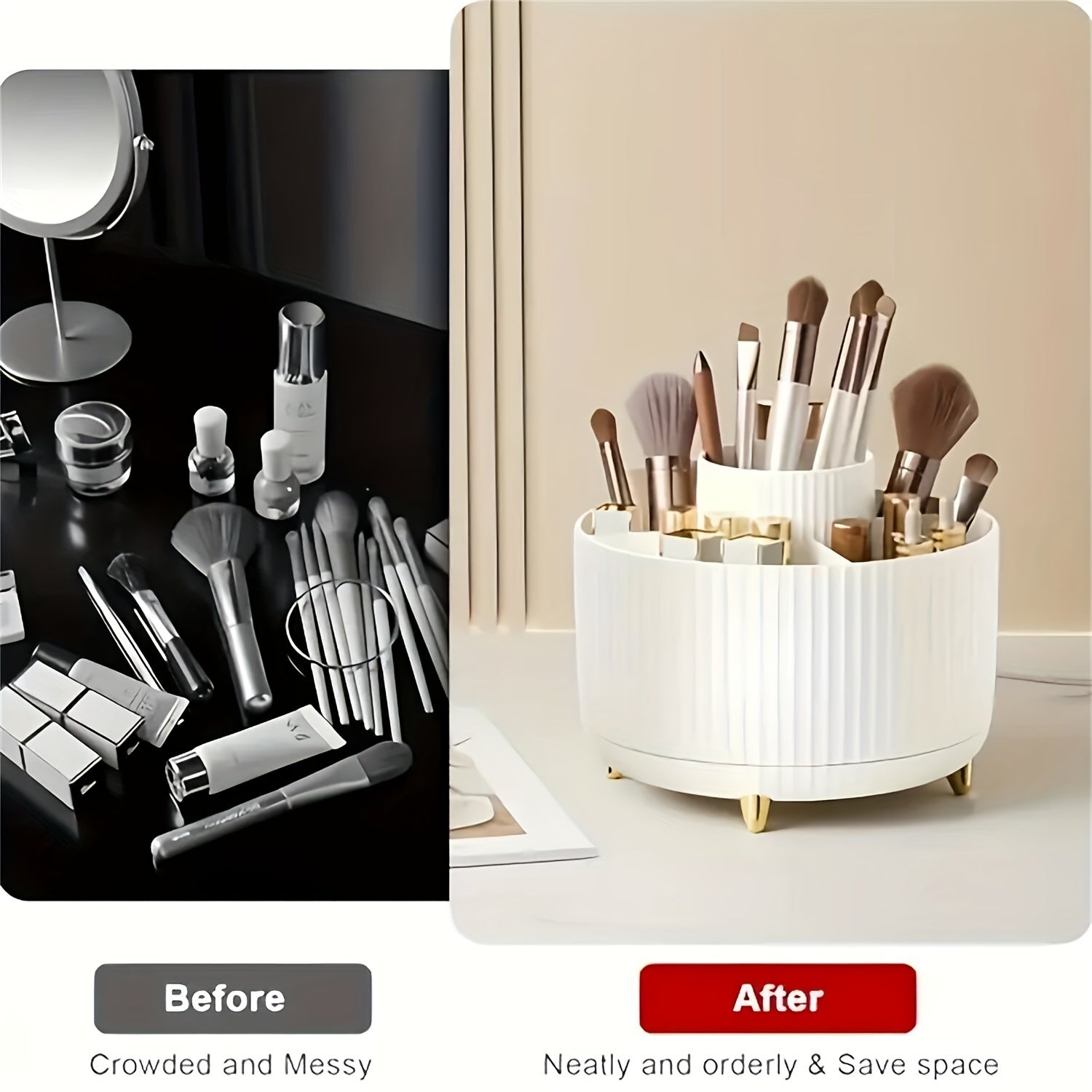 Aberzey 360° rotating makeup organizer with five compartments, showing organized cosmetics versus cluttered storage.