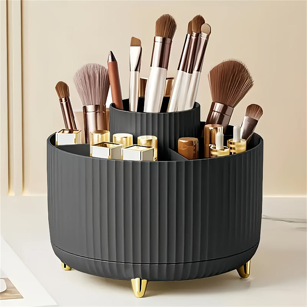 Black Aberzey 360° rotating makeup organizer with five compartments for brushes and cosmetics, designed for efficient storage.