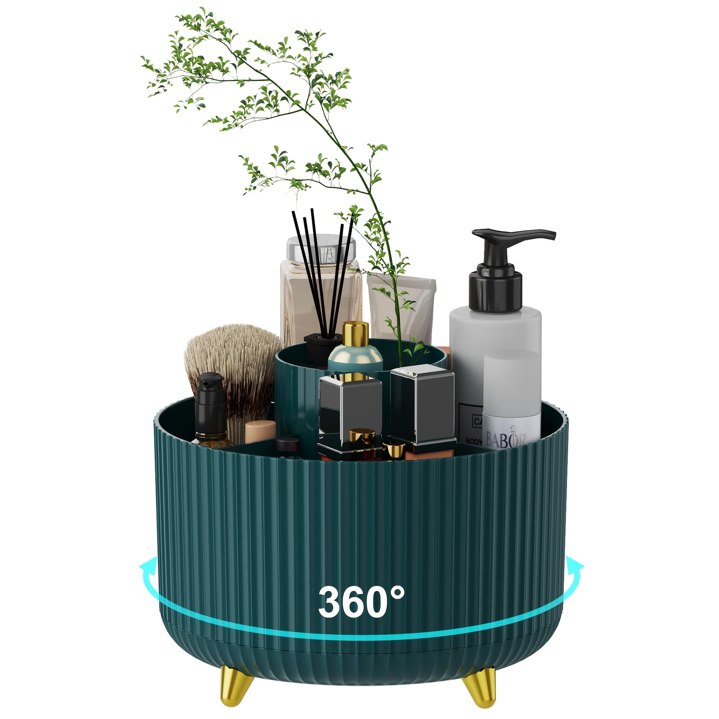 Teal Aberzey 360° rotating makeup organizer with five compartments for cosmetics and beauty products.