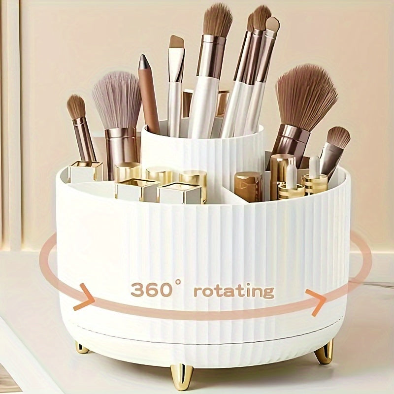 Aberzey 360° rotating makeup organizer with five compartments for cosmetics and beauty products, in white.