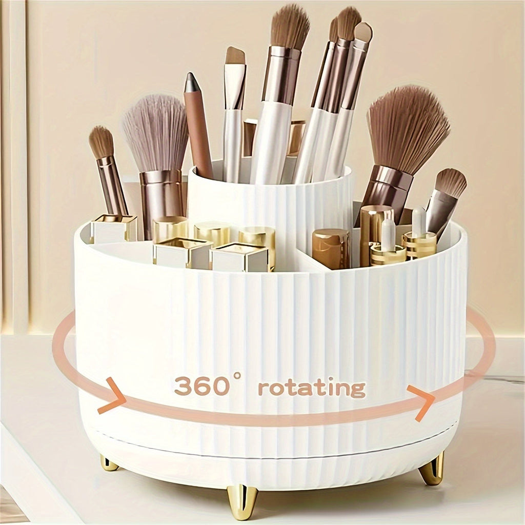 White Aberzey 360° rotating makeup organizer with five compartments for cosmetics and brushes.