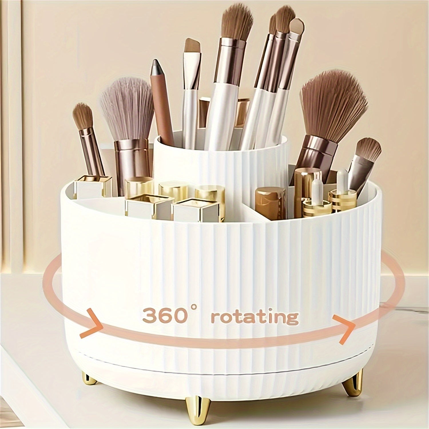 White Aberzey 360° rotating makeup organizer with five compartments for cosmetics and brushes.