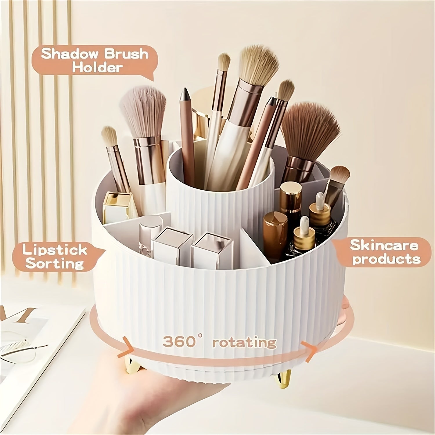White Aberzey 360° rotating makeup organizer with five compartments holding lipsticks, brushes, and cosmetics for easy sorting.
