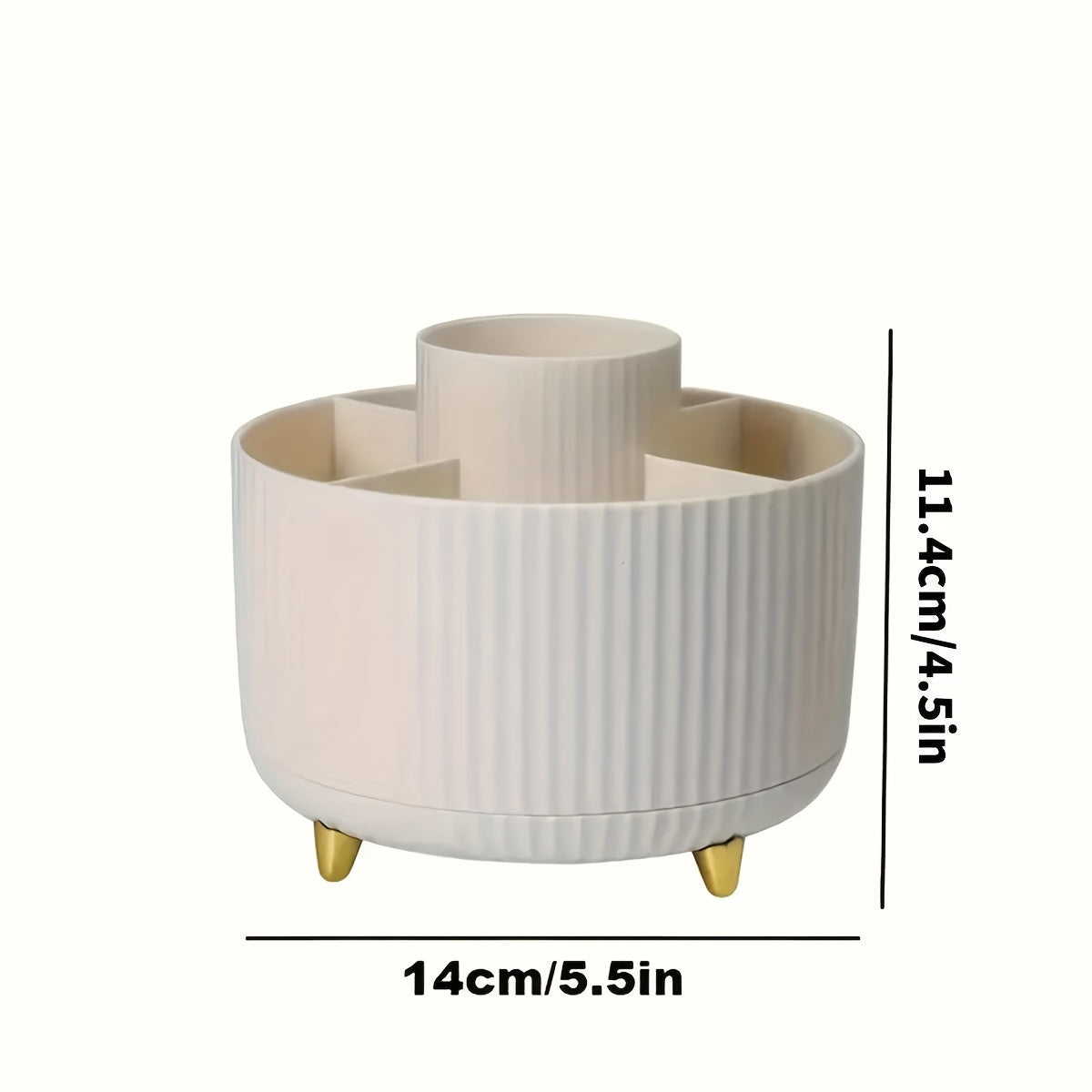 White Aberzey 360° rotating makeup organizer with five compartments for cosmetics, measuring 11.4cm by 14cm.