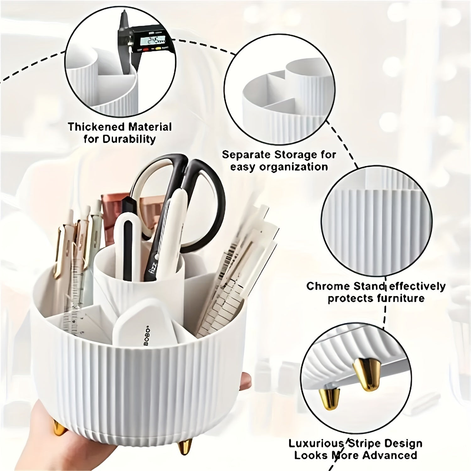 Aberzey 360° rotating makeup organizer with five compartments, white durable cosmetic storage for easy access and organization.