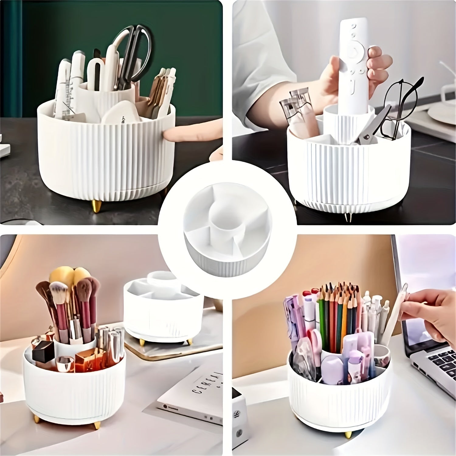 White Aberzey 360° rotating makeup organizer with five compartments for versatile cosmetic storage and easy access.