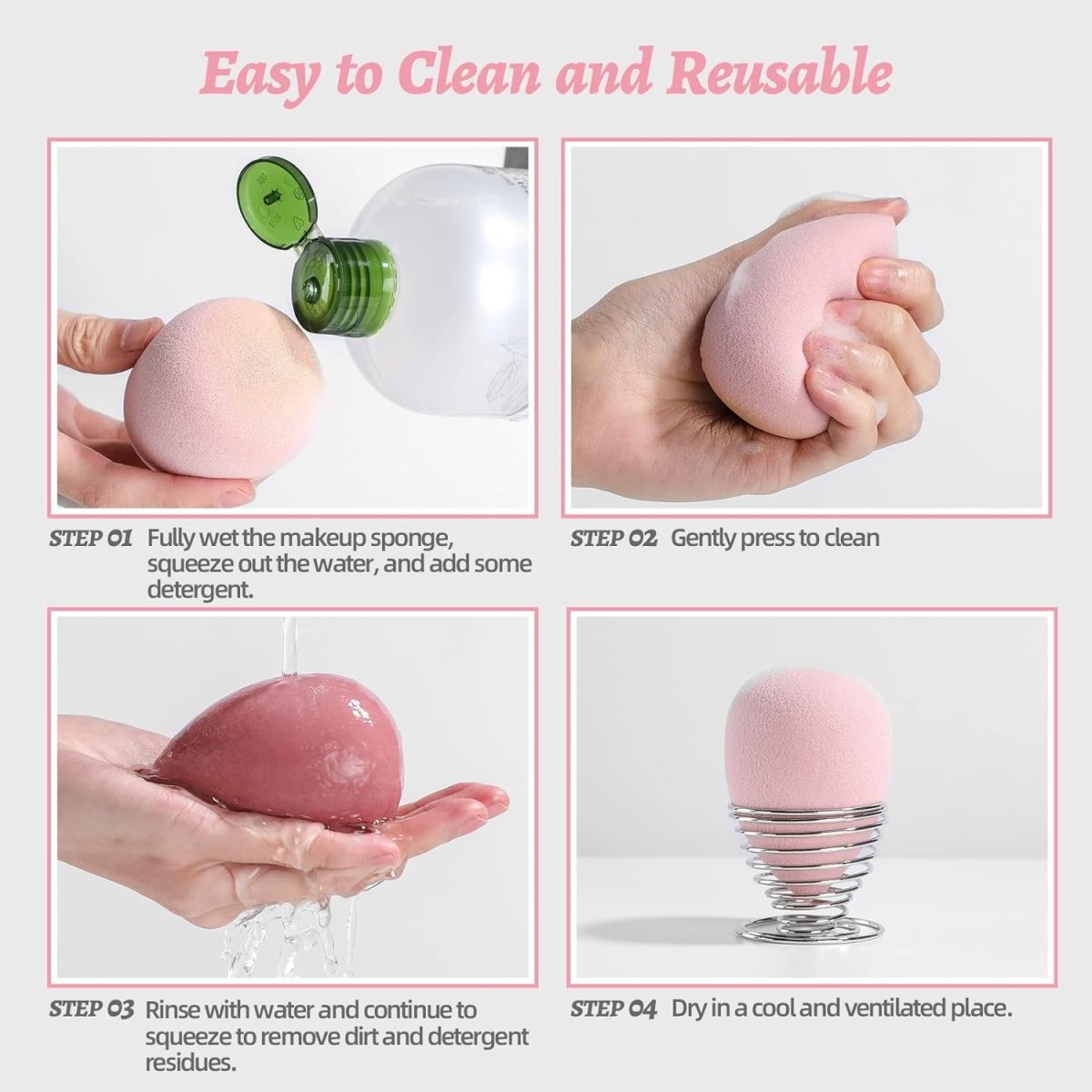Seven BS-MALL makeup sponges in various colors with a pink mini blender, included case, for liquid, cream, and powder makeup application.