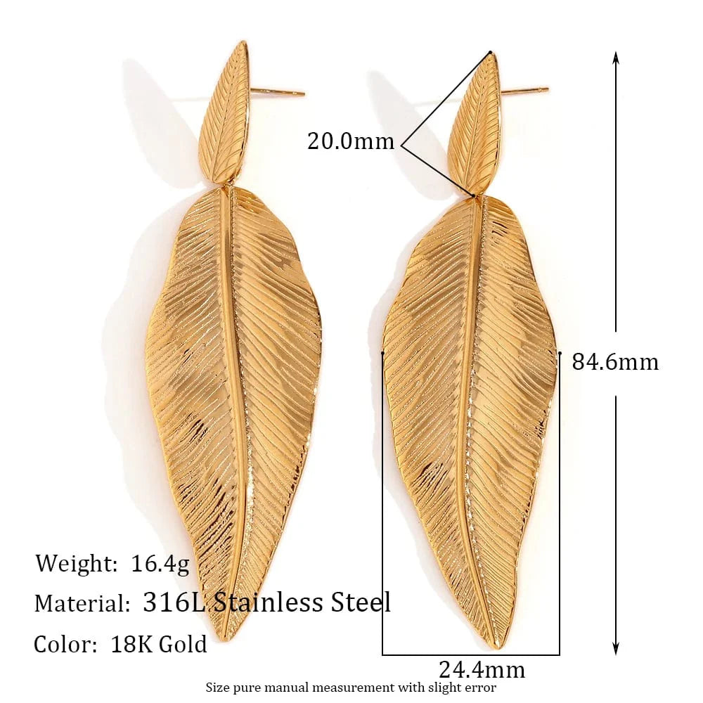 MamacitaSlay 18K gold plated stainless steel leaf drop earrings for women, featuring elegant beach-inspired leaf design.