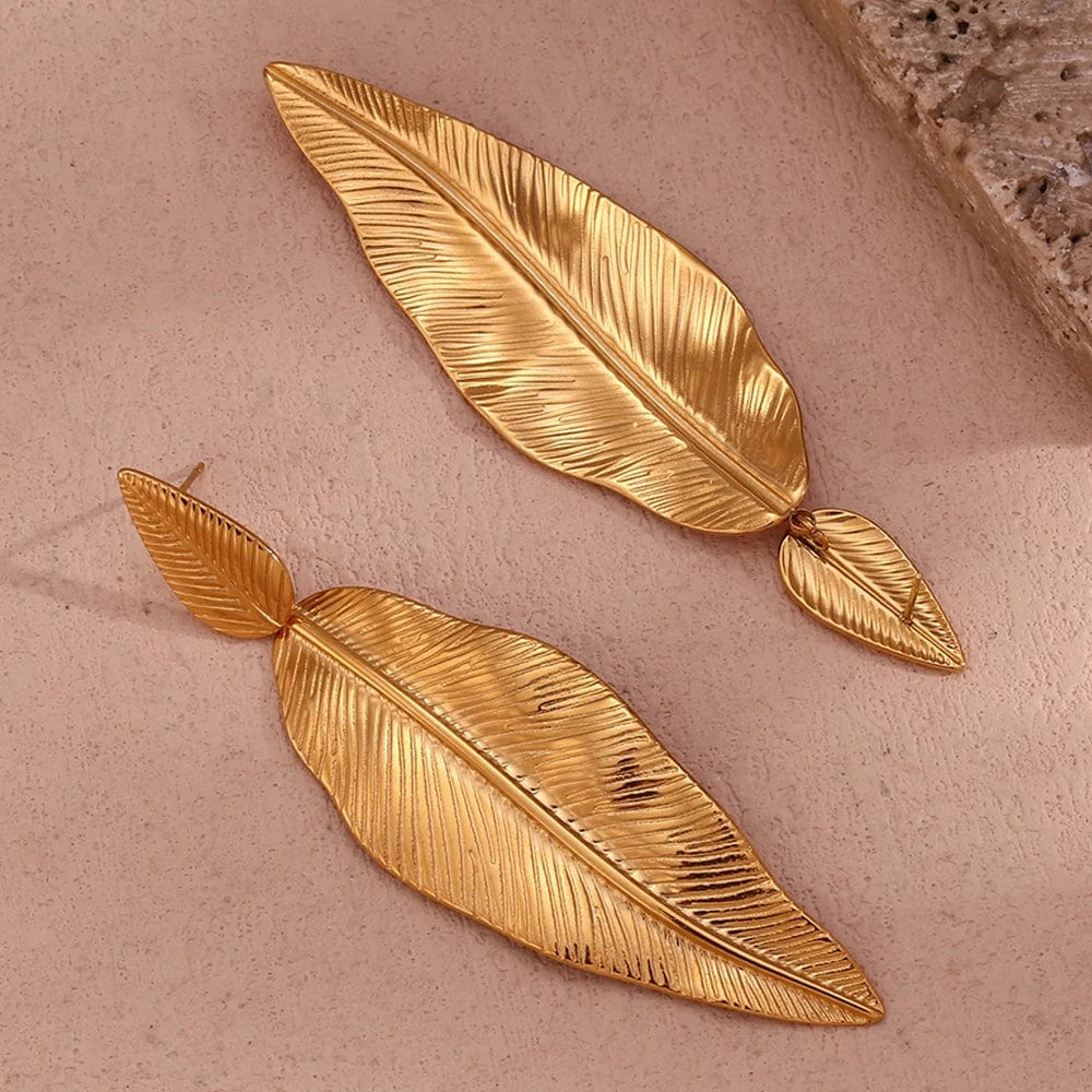 Elegant MamacitaSlay 18K gold plated stainless steel leaf drop earrings for women, featuring a stylish beach-inspired design