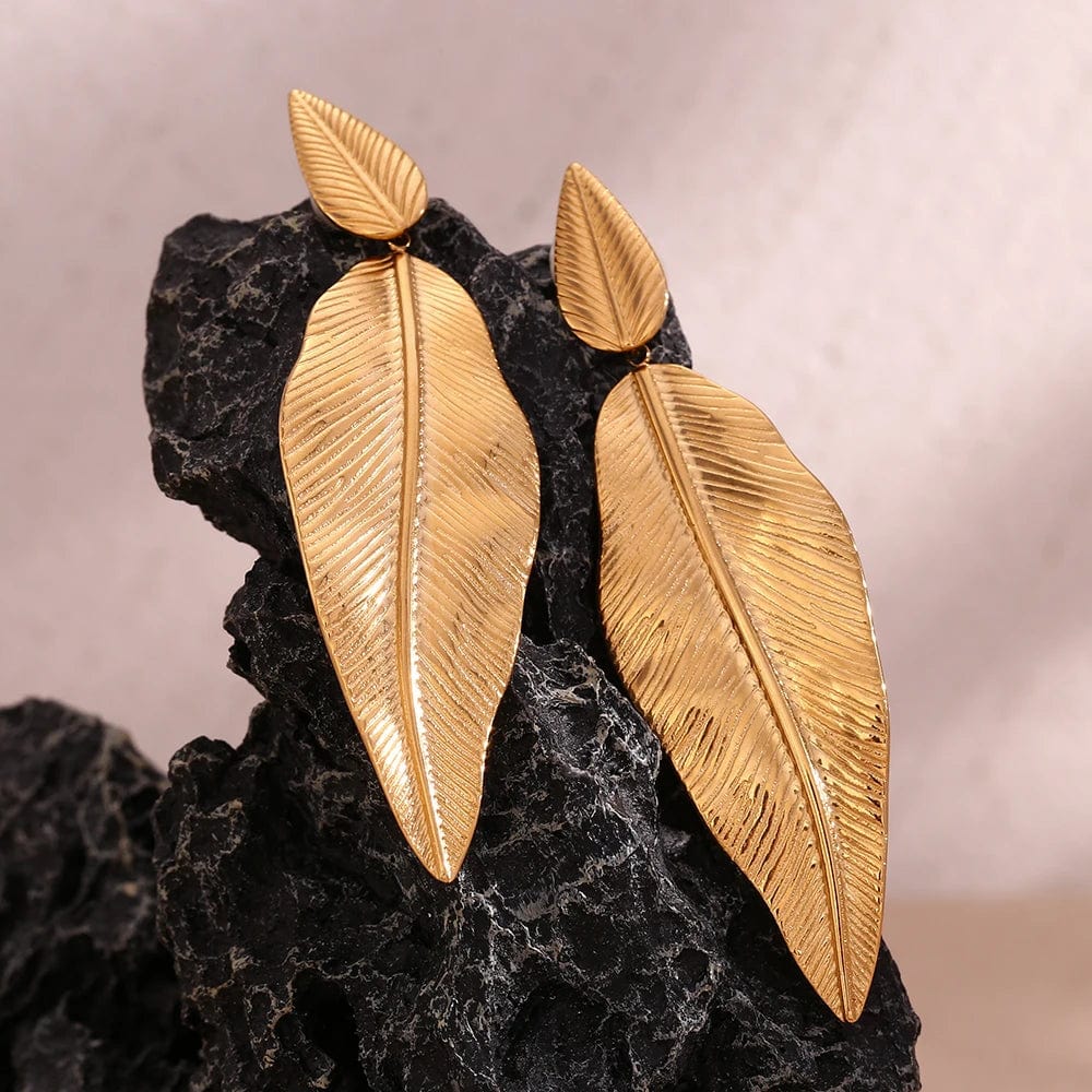 Elegant MamacitaSlay 18K gold plated stainless steel leaf drop earrings for women featuring beach-inspired leaf design and luxury quality.