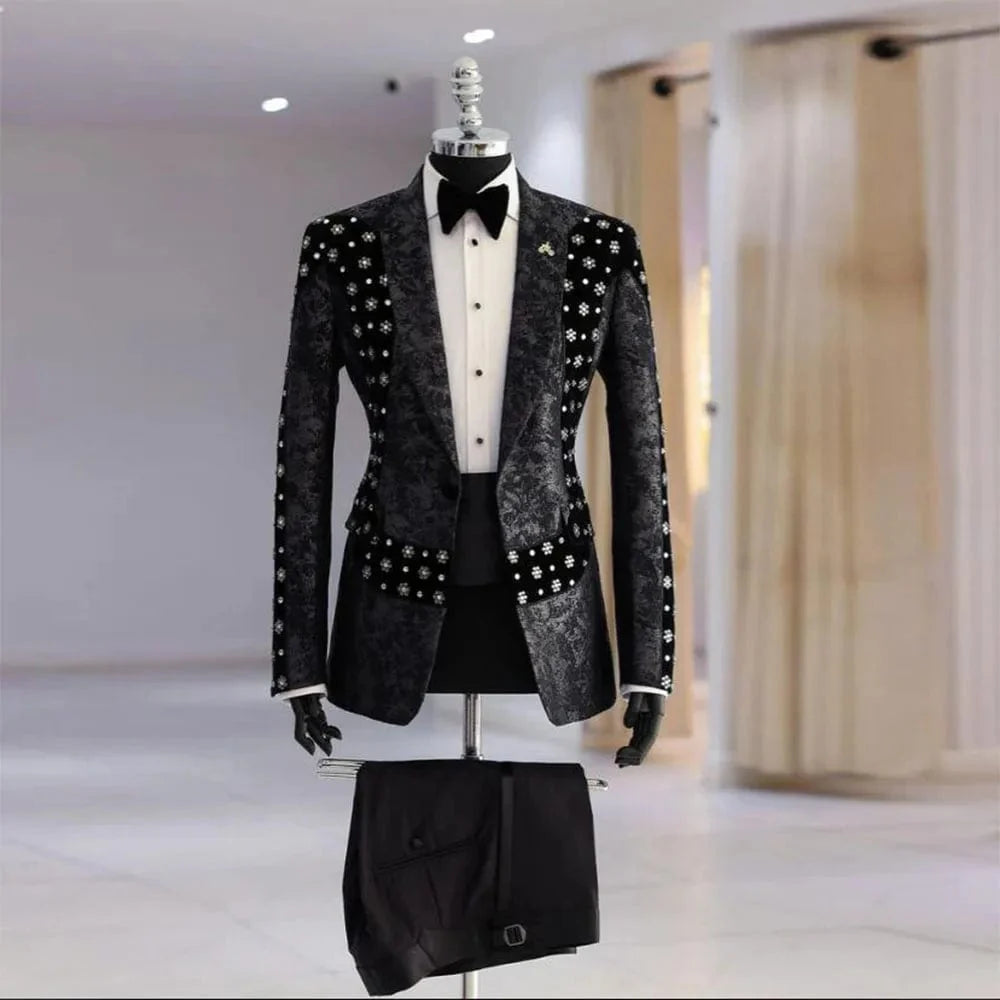 Slim fit velvet floral tuxedo for men, 2-piece groom suit featuring a stylish jacket and matching pants, ideal for formal occasions.