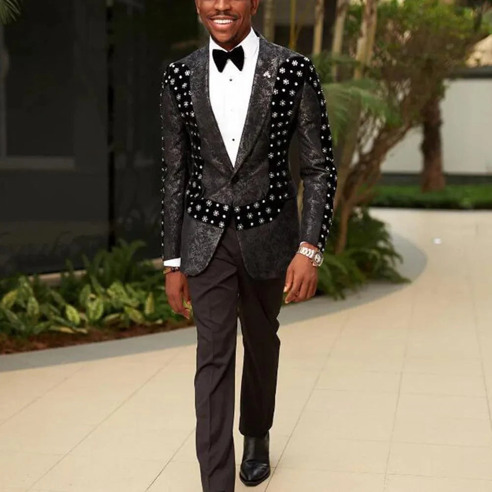 Men's slim fit velvet floral tuxedo by SHOWLU FASHION STORE, featuring a stylish jacket and matching pants for formal occasions.