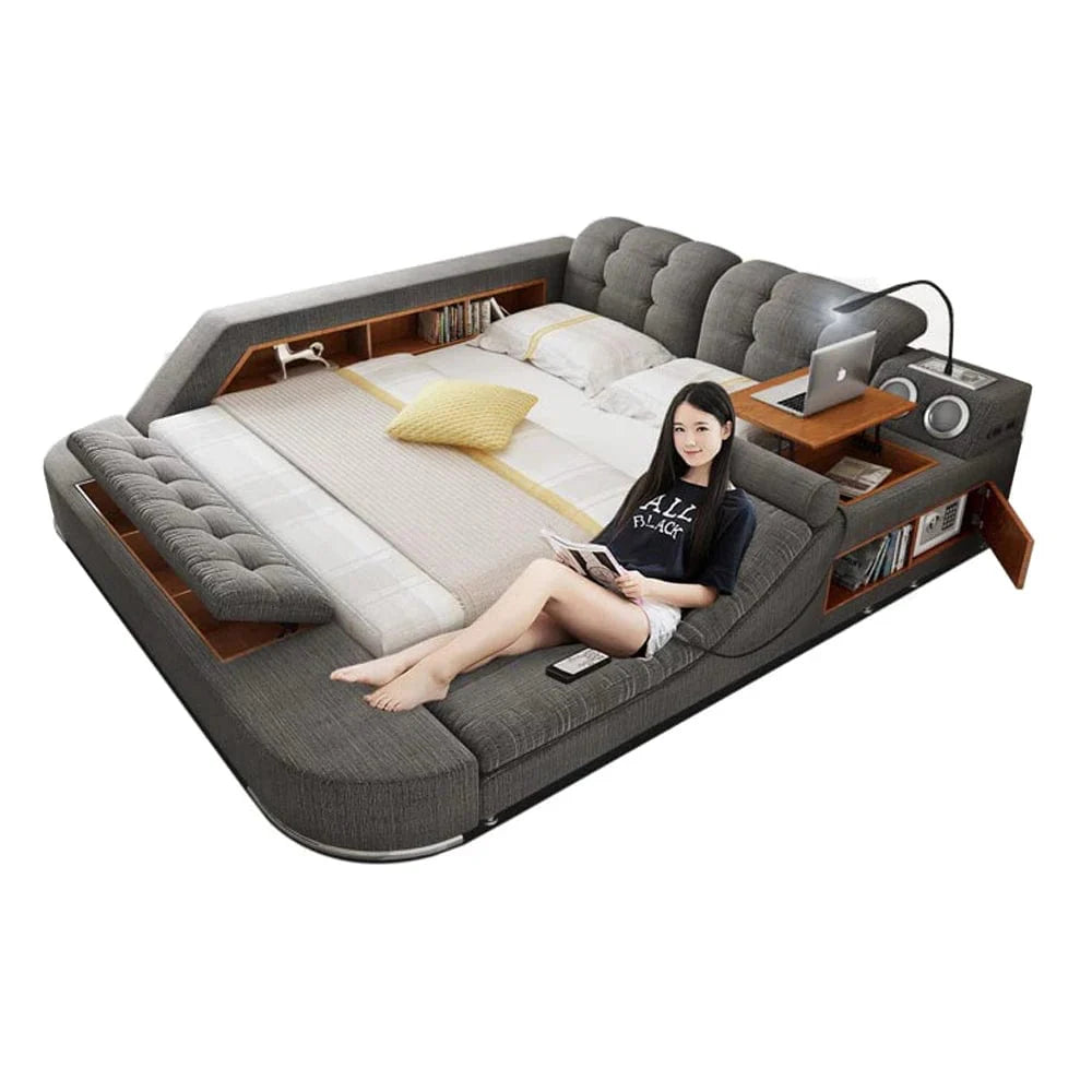 Genuine leather MANBAS Smart Bed Frame by SHOWLU FASHION STORE with built-in massage, Bluetooth speaker, and upholstered fabric design.