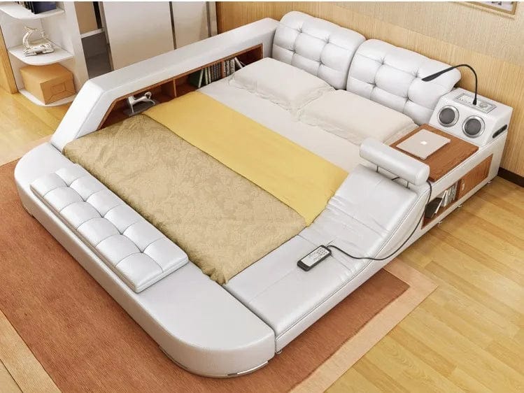 Genuine leather MANBAS Smart Bed Frame with built-in massage functions, Bluetooth speaker, fabric upholstery, and modern design.