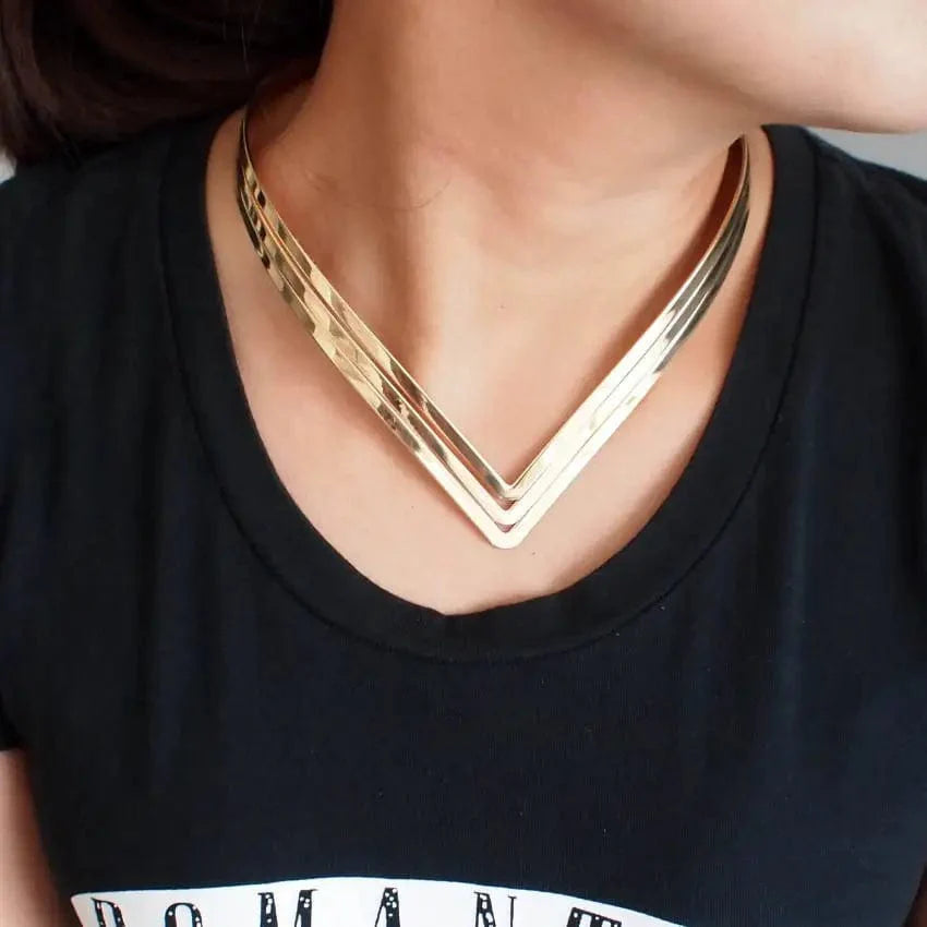 Manilai 3-layer metal torques collar choker necklace, women's bright statement bib jewelry with bold layered design