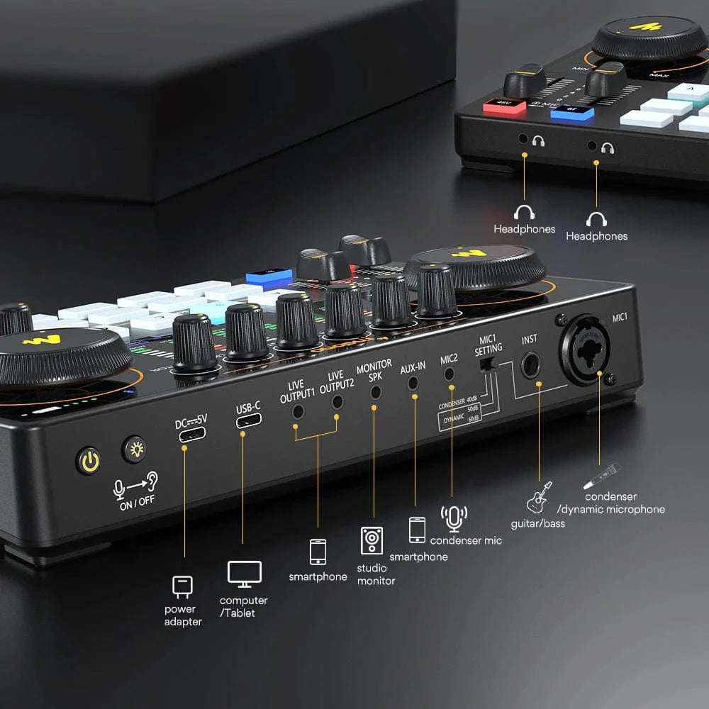 Maono AME2 audio interface serving as portable podcast studio and DJ mixer with sound card for recording and live streaming.
