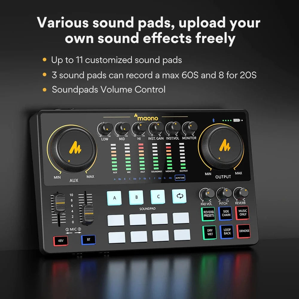 Maono AME2 audio interface and DJ mixer for portable podcasting, recording, streaming, with sound card and all-in-one design