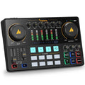 Maono AME2 audio interface and DJ mixer for portable podcast recording, live streaming, and music production.