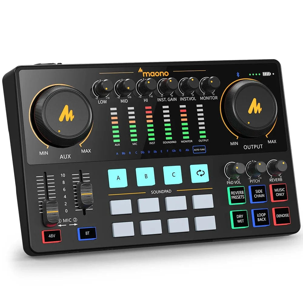 Maono AME2 audio interface and DJ mixer for portable podcast recording, live streaming, and music production.
