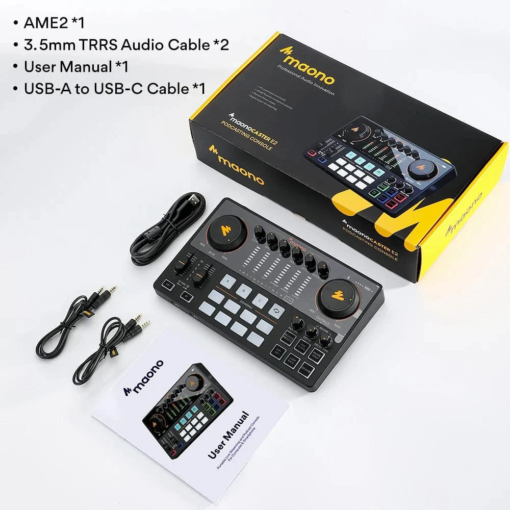 Maono AME2 audio interface and DJ mixer for portable podcast recording, live streaming, and music production.