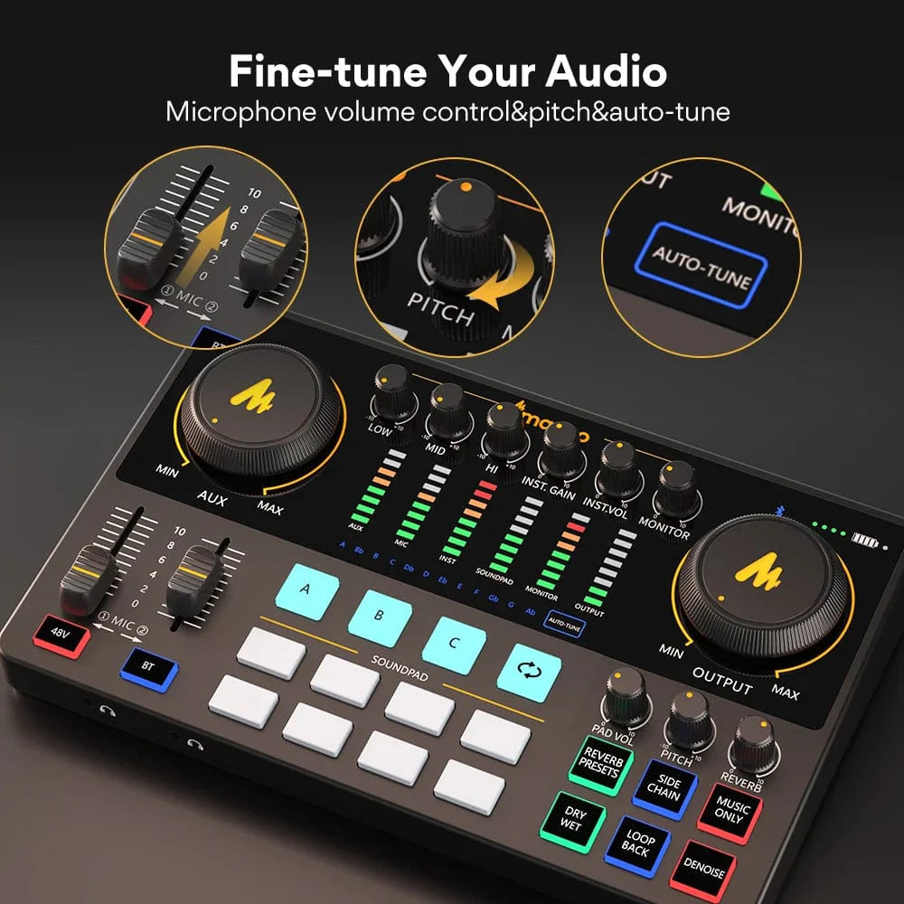 Maono AME2 audio interface and DJ mixer with portable design, featuring sound controls for podcast recording and live streaming.