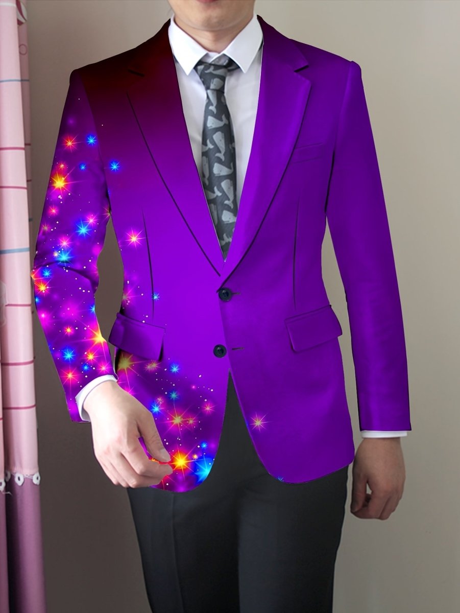 Men's skinny fit polyester blazer with a unique random print, lapel collar, long sleeves, and stretch fabric for all-season wear.