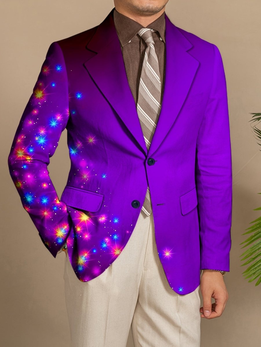 Men's skinny fit polyester blazer with random print, lapel collar, long sleeves, and stretch fabric, suitable for all seasons.