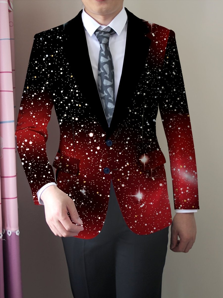 Men's SHOWLU FASHION skinny fit polyester blazer with unique print, lapel collar, long sleeves, and all-season wear.