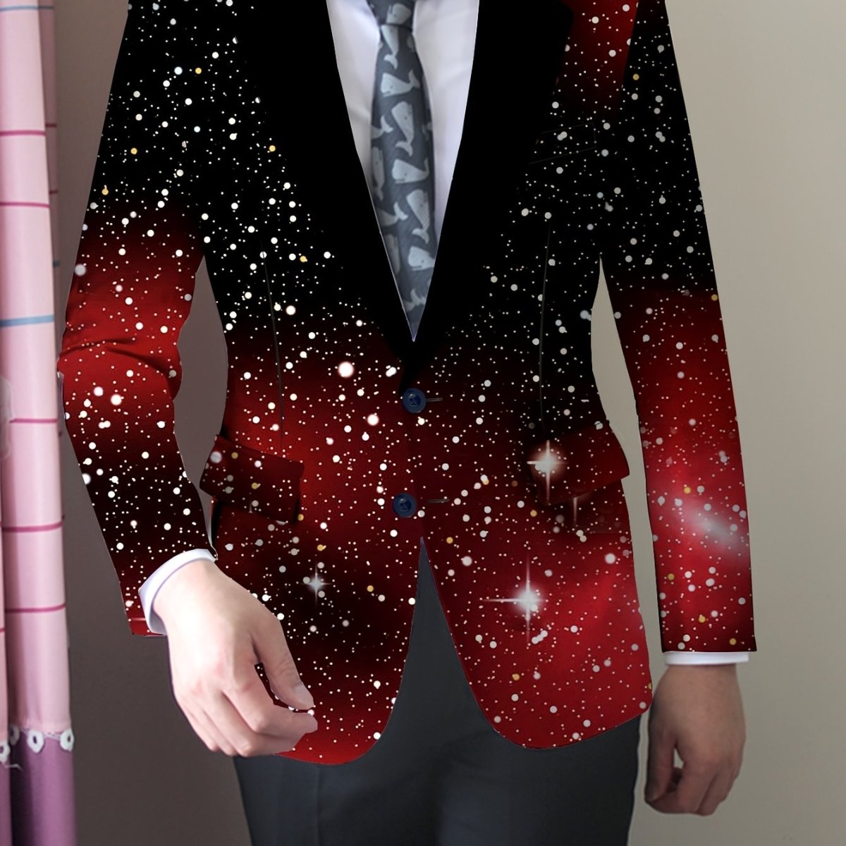 SHOWLU FASHION men's skinny fit polyester blazer with a unique print, lapel collar, long sleeves, and all-season stretch fabric.
