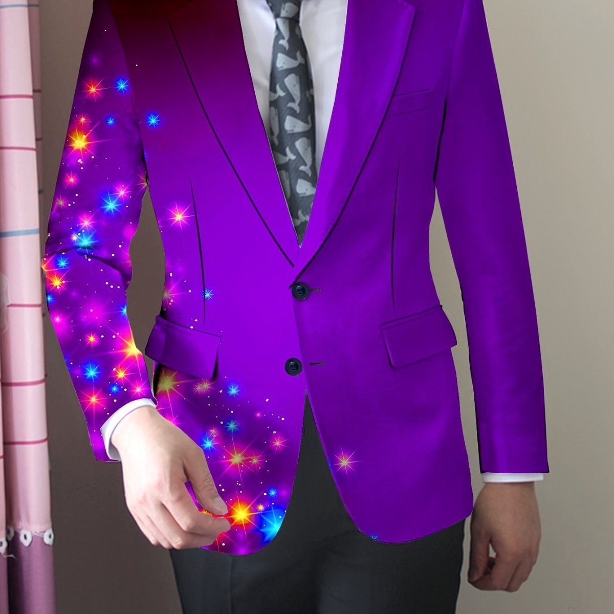 SHOWLU FASHION men's skinny fit polyester blazer with random print, long sleeves, lapel collar, versatile for all-season wear