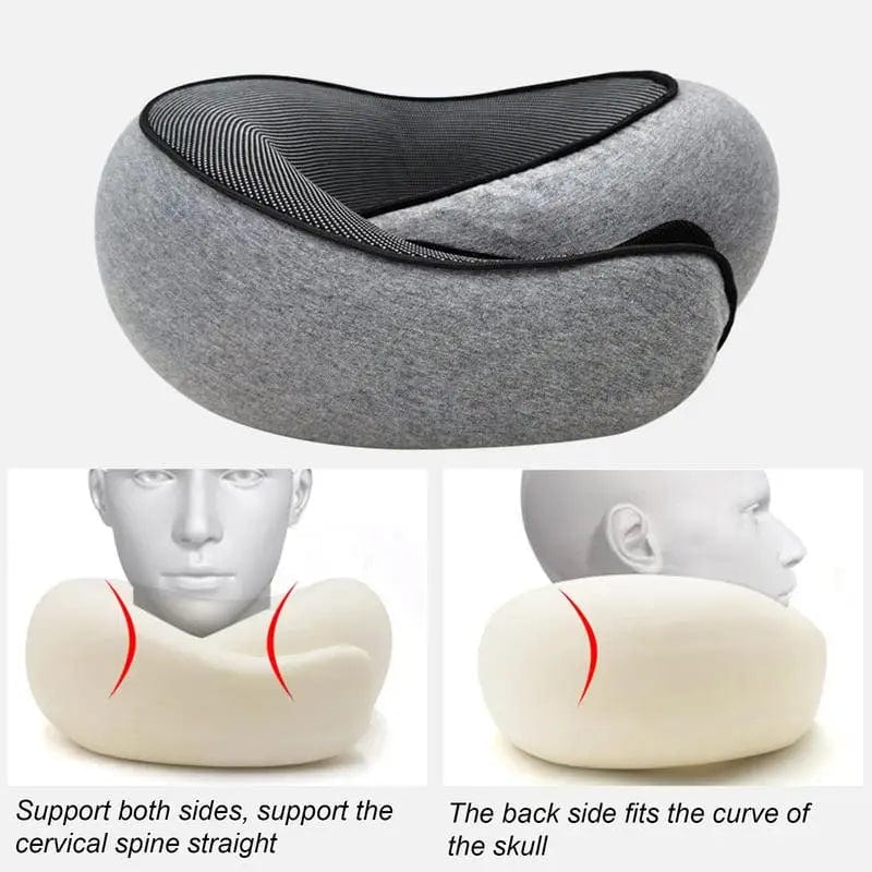 SHOWLU Memory Foam Travel Neck Pillow with ergonomic cervical support, portable design, and carrying bag for comfortable sleep during travel.